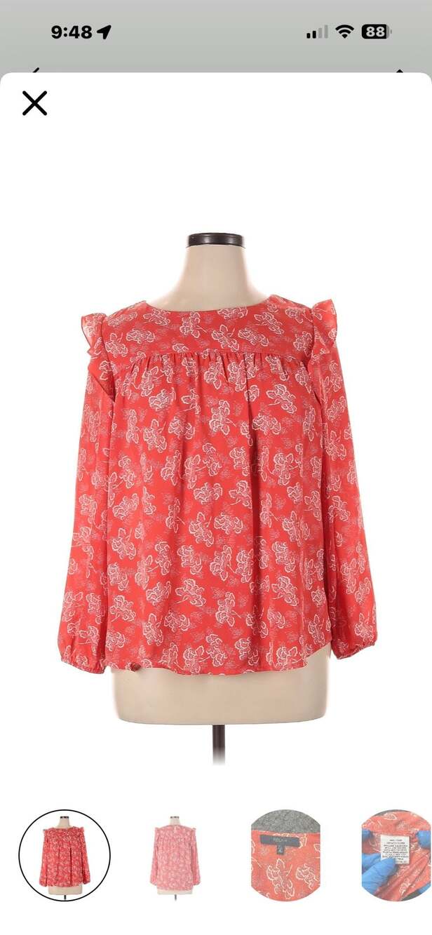Eclair Women's Red Floral Print Long Sleeve Ruffle Shoulder Blouse, Size XL